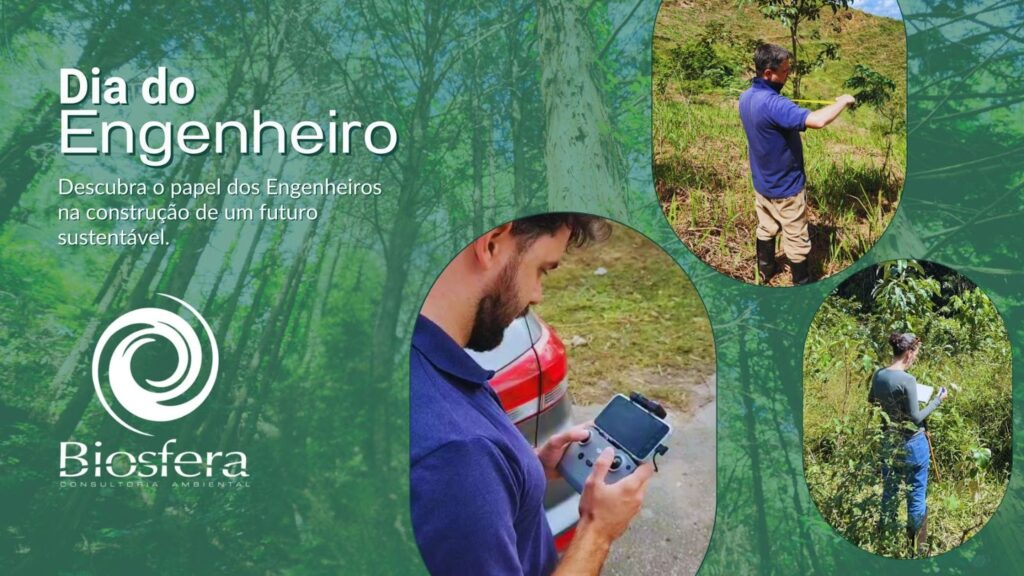 imagem com o título de dia do engenheiro, celebrado em onze de dezembro, a imagem ainda mostra 3 profissionais de engenharia trabalhando em campo.